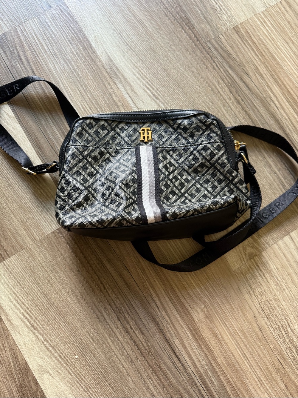 Tommy Hilfiger Black and Gray Monogram Crossbody with Center Stripe